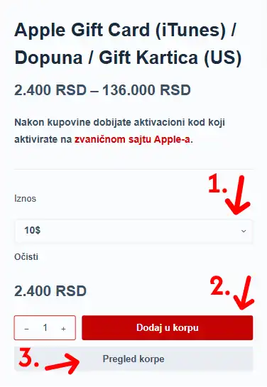 Apple gift card digi shop kupovina, prvi korak